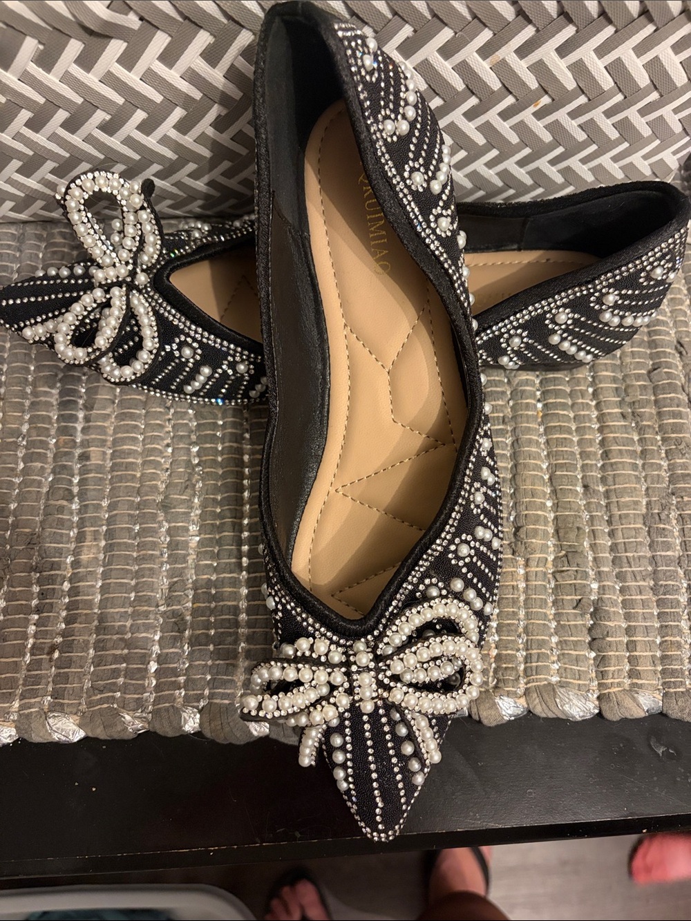Embellished Black Pearl Bow Pointed Flats